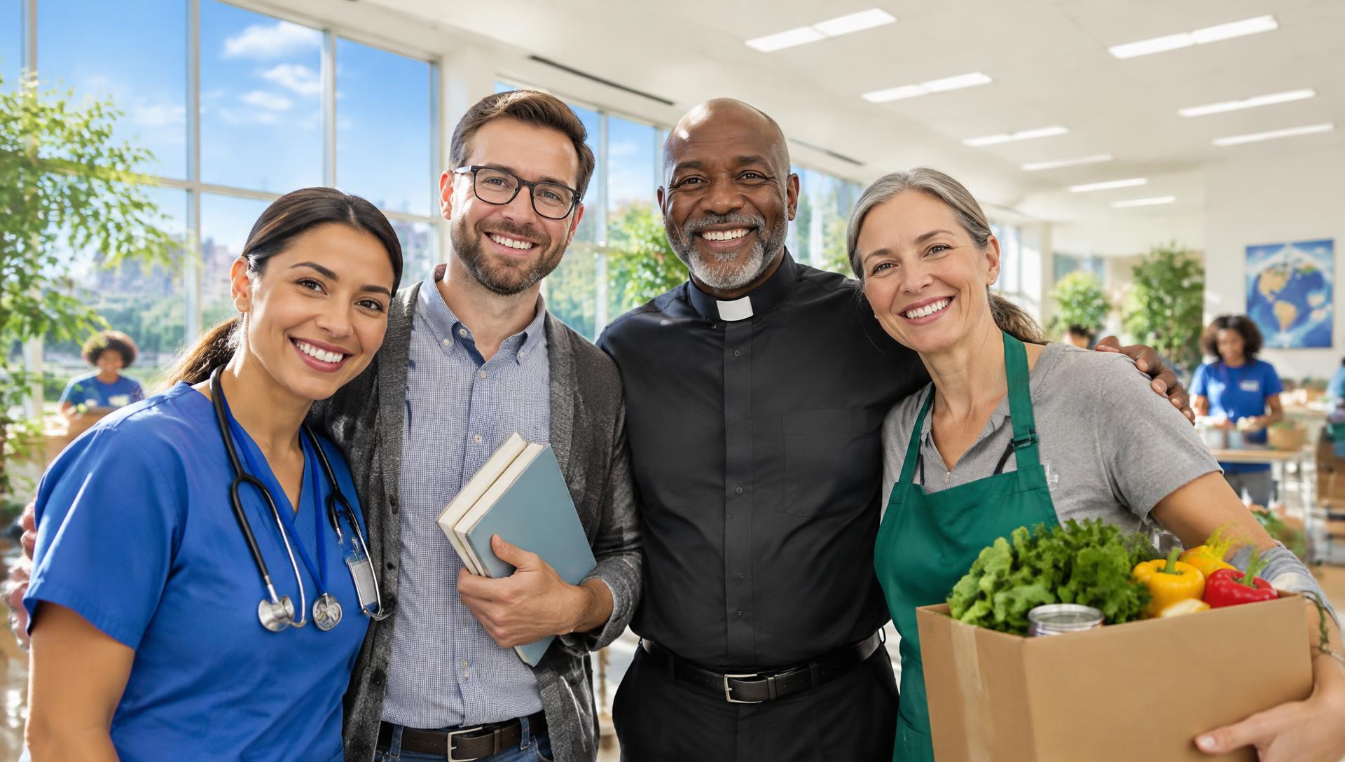 A smiling nurse, teacher, clergyman and food bank volunteer standing together in a sunlit hall with bright new LED ceiling lights and blue sky through the windows