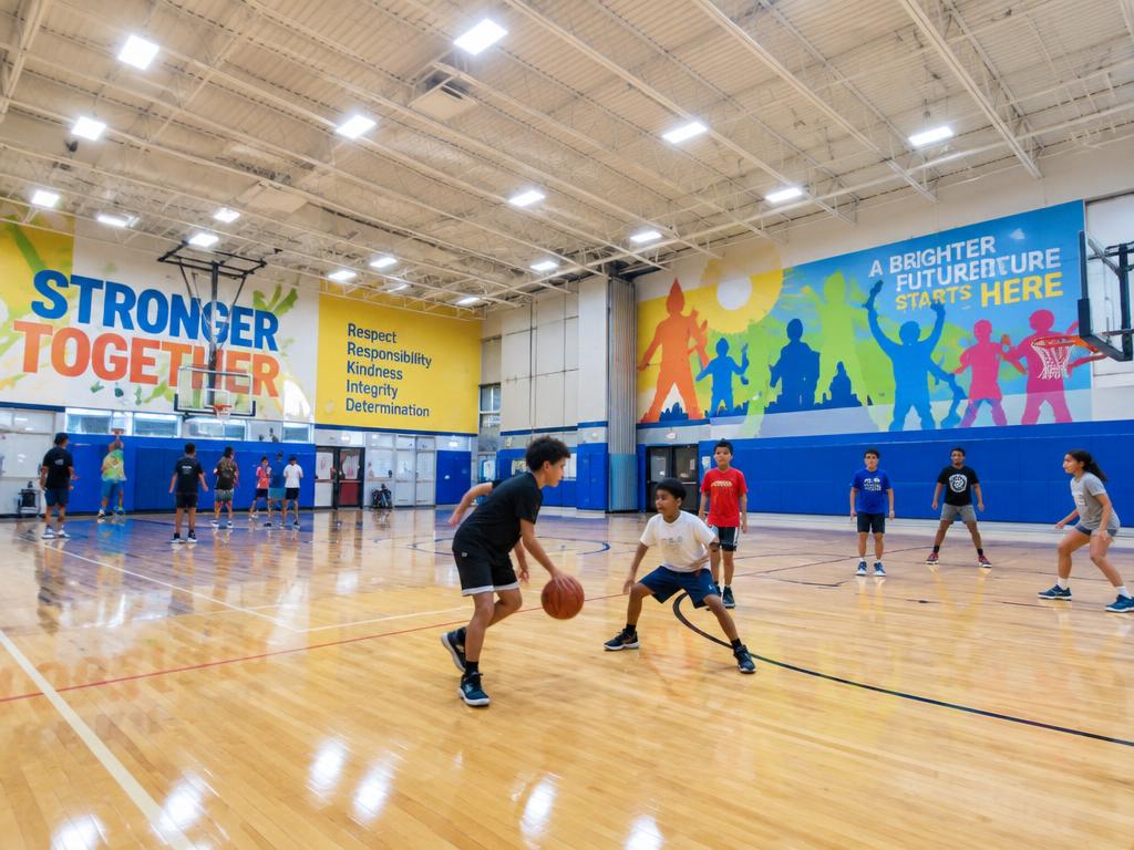 Children playing basketball on an indoor court under LED lighting, with a mural reading A Brighter Future Starts Here