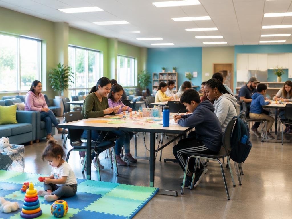 Neighbors of many ages making crafts together at long tables in a community center room with bright LED ceiling panels