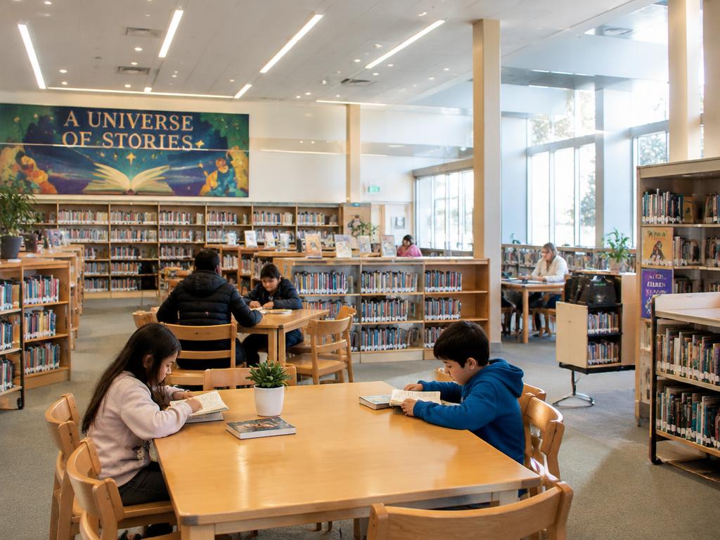 Children reading books at wooden tables in a bright modern public library
